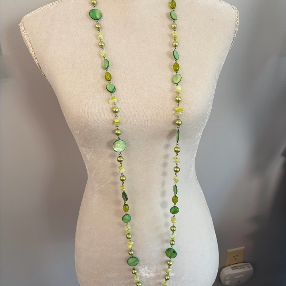 Green Beaded Necklace with beads, stones and faux pearls. Vintage